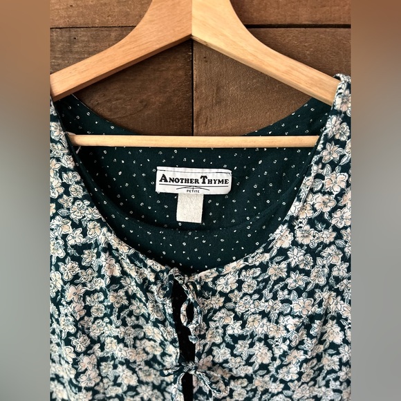 Vintage Late 80s Another Thyme Green Floral Mini Dress Bow Front Size 8 Petite - Picture 7 of 17